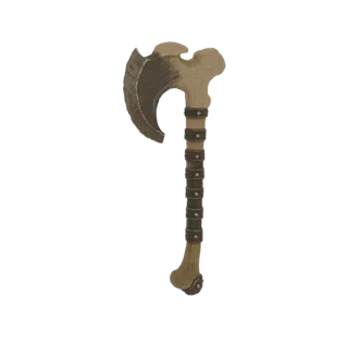 Ein 3D-Modell einer Knochenaxt mit verwitterter Metallklinge und dunkel lederumwickeltem Griff, vor weißem Hintergrund.