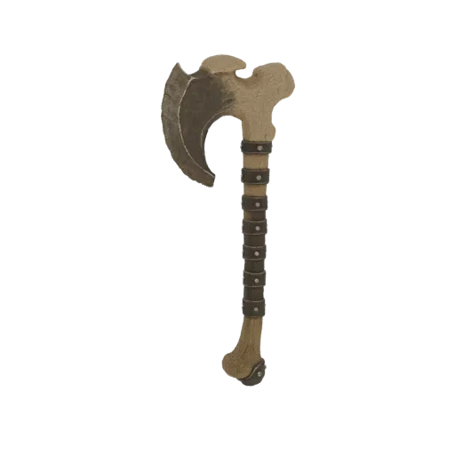 A 3D model of a bone axe with a weathered metal blade and dark leather-wrapped handle, set against a white background.