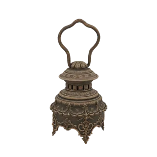 A detailed 3D model of an ornate antique lantern with intricate carvings and a curved handle, rendered in an antique brass fi