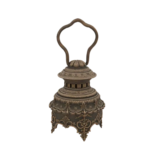 A detailed 3D model of an ornate antique lantern with intricate carvings and a curved handle, rendered in an antique brass fi