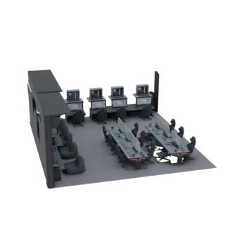 A 3D render of a modern gaming room with multiple computer workstations, ergonomic chairs, and sleek desks.