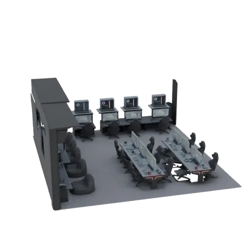 A 3D render of a modern gaming room with multiple computer workstations, ergonomic chairs, and sleek desks.