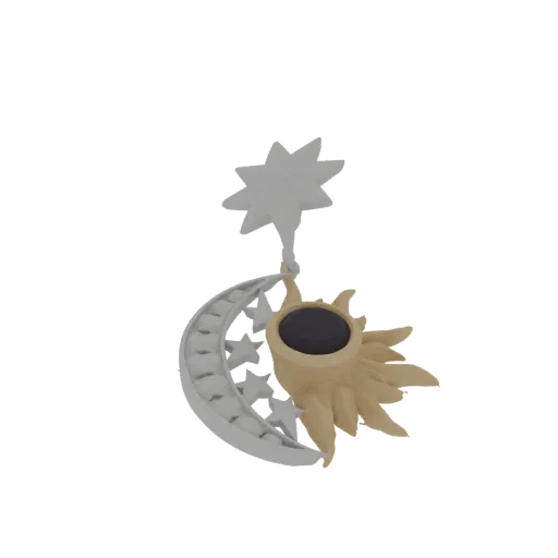 3D model render of a crescent moon with stars and a stylized sun charm, set against a black background.