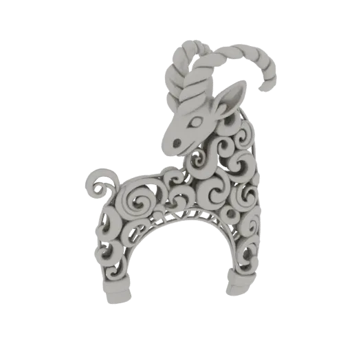 3D model of a stylized ram with intricate swirling filigree patterns covering its body and ornate, curled horns, presented on