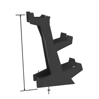 Modello 3D di un rack pesi nero a tre livelli, che mostra la sua struttura a gradini e il design compatto per lo stoccaggio d