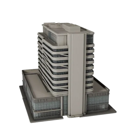 Edificio de oficinas gubernamentales imprimible modelo 3D STL, vista isométrica, mostrando materiales de edificio de oficinas