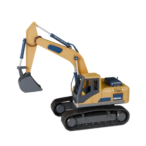 Cartoon-Bagger 3D-Modell, Dreiviertel-Studioansicht, stilisiertes Fahrzeug-Asset mit Maschinenarm-Geometrie, Kabinenvolumen u