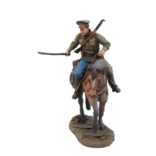 3D-Modell eines historischen Kavalleristen in grüner Uniform, der einen Säbel hält und auf einem braunen Pferd reitet, auf ei