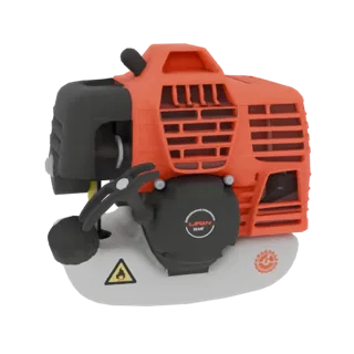 3D model of a compact, orange and black 2-stroke engine with a pull-start, designed for string trimmers.