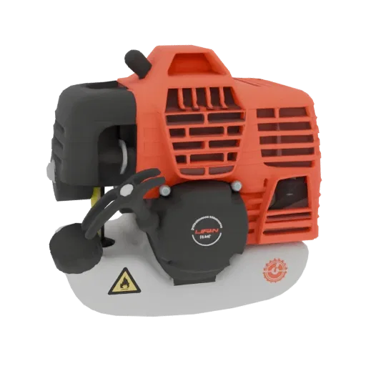 Modelo 3D de um motor compacto 2 tempos laranja e preto com arranque por puxar, projetado para roçadoras.
