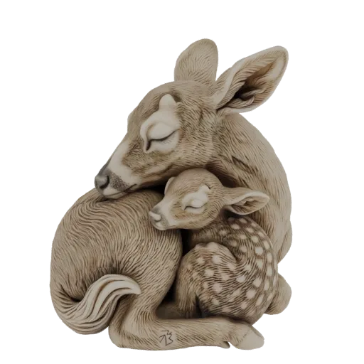 3D model of a mother deer tenderly embracing her fawn, both with eyes closed in a peaceful, loving pose.