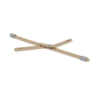 3D model of a wooden wet food pusher, featuring two sticks joined by a hinge and latch.