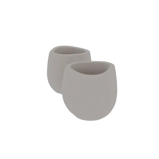 A 3D render of two minimalist grey ceramic planters with smooth, rounded shapes, presented against a white background.