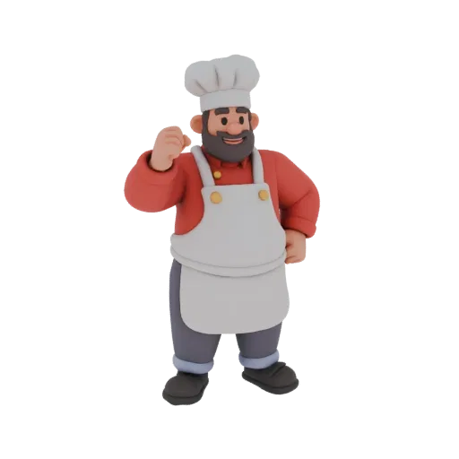 3D model of a cheerful chef character wearing a red shirt, white apron, and chef hat, with a friendly expression.