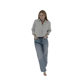 Modelo 3D de uma jovem com cabelo loiro, vestindo uma camisa de botões azul clara e jeans, andando com as mãos nos bolsos.