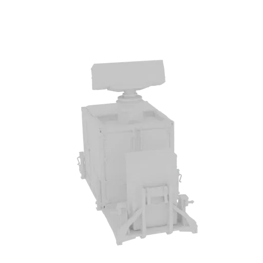 A 3D model of a mobile radar system with a rotating antenna on a container-like base, rendered in a neutral grey material.