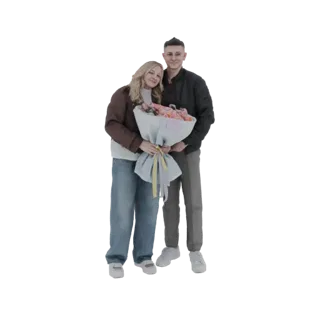3D model of a young couple, a woman and a man, standing together and holding a large bouquet of pink and orange flowers.