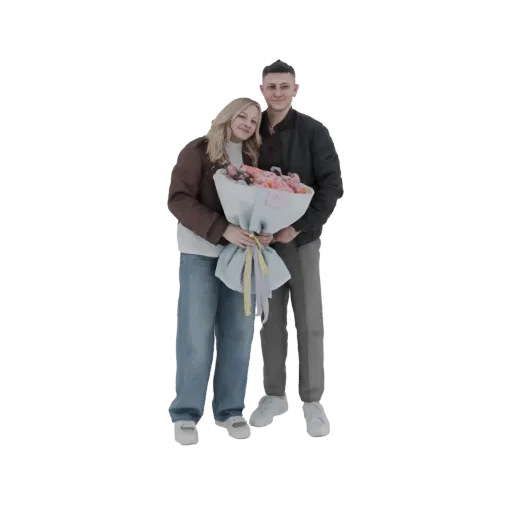 3D model of a young couple, a woman and a man, standing together and holding a large bouquet of pink and orange flowers.