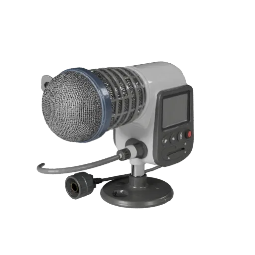 Microphone Product Viz 3D model, three-quarter studio product render, showing plastic shells, desktop scale.