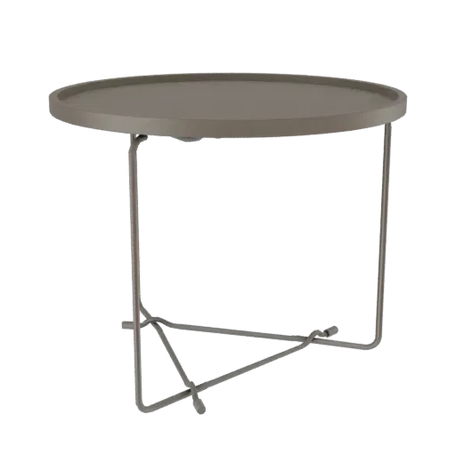 3D model of a modern round side table with a matte taupe top and a geometric metal base, isolated on a white background.