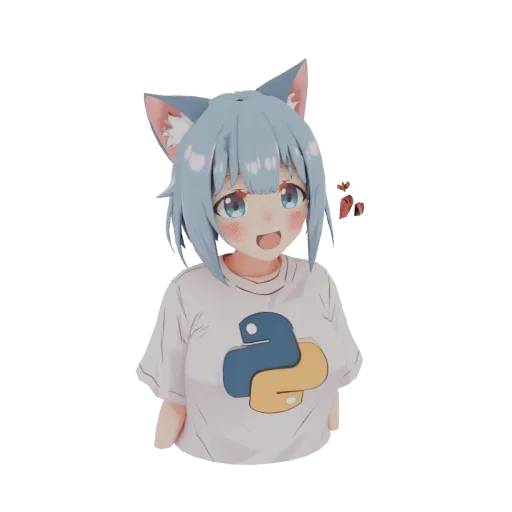 3D model of a cute anime girl with blue hair, cat ears, and a Python t-shirt, smiling cheerfully.