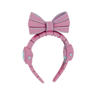 3D model of a pink robotic headband with a large bow and light blue accents, presented on a white background.