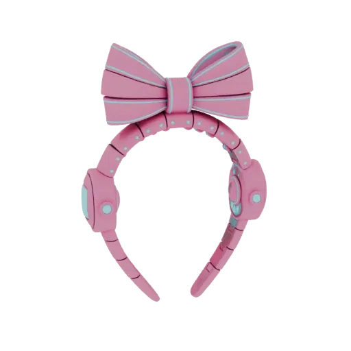 Modelo 3D de uma tiara robótica rosa com um grande laço e detalhes azul-claros, apresentado sobre fundo branco.