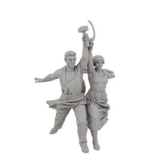 3D model of the 'Worker and Kolkhoz Woman' monument, a male worker and female farmer holding a hammer and sickle.