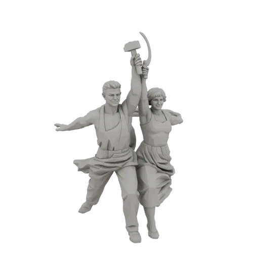 3D-Modell des "Arbeiter und Kolchosbäuerin"-Denkmals, Arbeiter und Bäuerin halten Hammer und Sichel.
