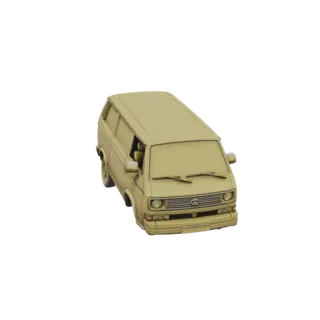 A 3D model of a vintage beige camper van, viewed from a slightly elevated front-right angle.