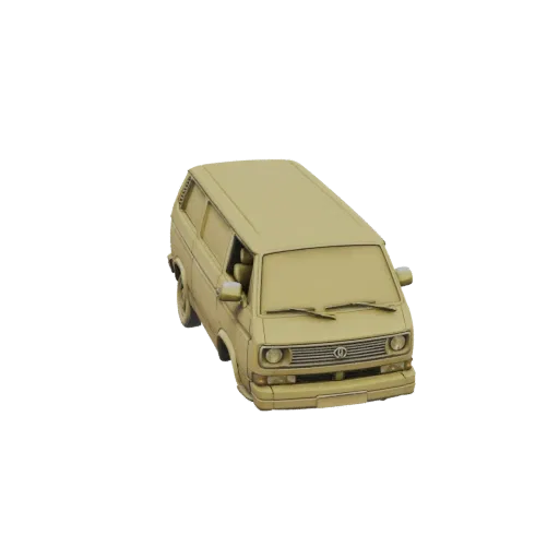 A 3D model of a vintage beige camper van, viewed from a slightly elevated front-right angle.