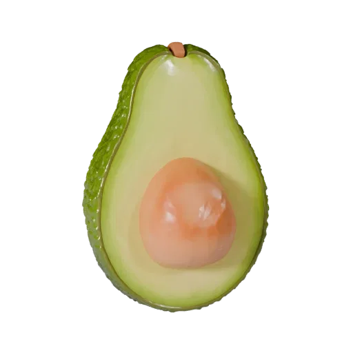 Modelo 3D de Medio Aguacate listo para visor, render de estudio en vista lateral, mostrando forma, superficie y señales de es