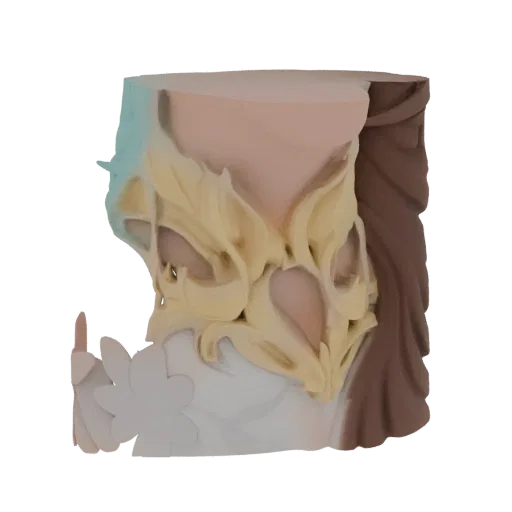 3D model of a fantasy armor chestpiece with intricate gold floral accents and white petal-like layers, set against a white ba