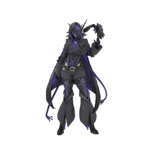 3D-Modell eines düsteren Fantasy-Charakters in schwarzer und violetter Kleidung, der einen Raben hält.