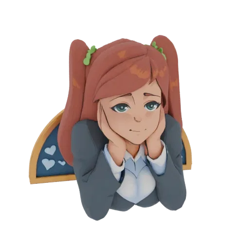 3D model of an anime girl with red pigtails resting her chin on her hands, wearing a grey blazer and white shirt, with a chal