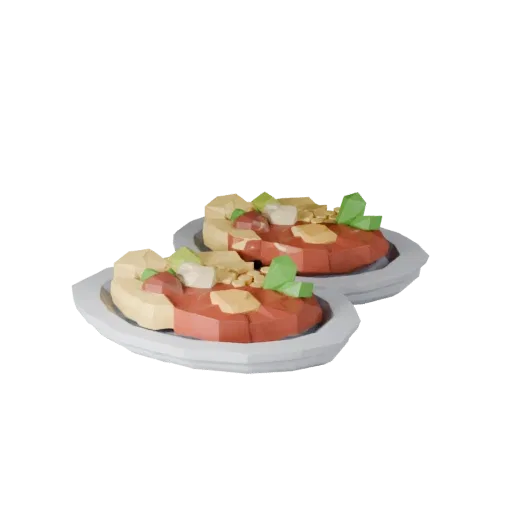 Bowl Of Soup Low Poly 3D model, game viewport three-quarter view, showing sauces, plated composition.