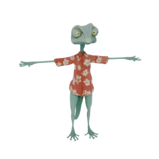 3D model of a light blue-green chameleon wearing a red Hawaiian shirt with white flowers, standing with arms outstretched.