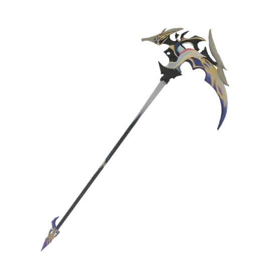 3D model of an ornate fantasy scythe with a dragon head blade, featuring golden and purple accents on a dark shaft.