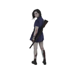 Modèle 3D d'une cosplayer féminine aux cheveux sombres, portant une robe bleue, tenant un fusil à pompe, avec des éclaboussur