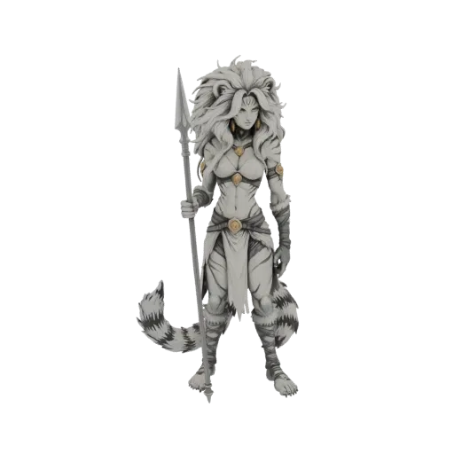 3D model of a feral tigress warrior with a spear, featuring white fur with black stripes, a wild mane, and tribal attire.