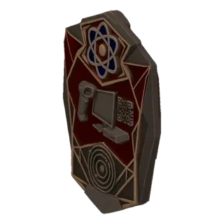 3D model of a hexagonal sci-fi emblem with atomic, computer, and QR code motifs, rendered in metallic and dark red tones.
