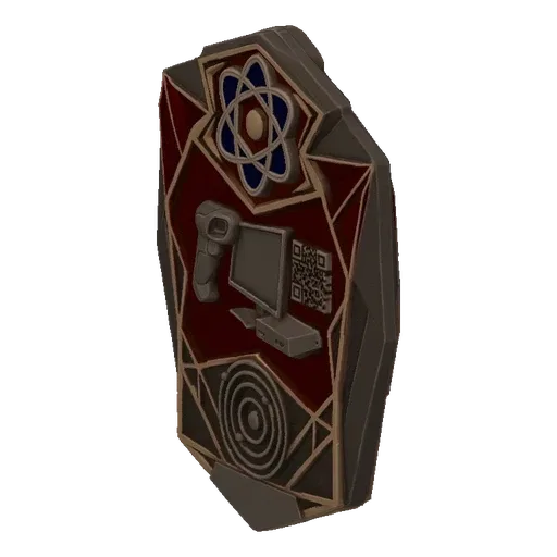 3D model of a hexagonal sci-fi emblem with atomic, computer, and QR code motifs, rendered in metallic and dark red tones.