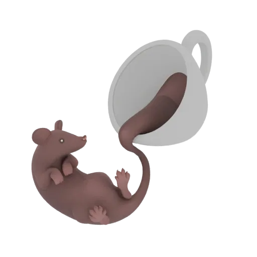 3D-Render einer niedlichen braunen Maus, die auf dem Rücken neben einer weißen Kaffeetasse mit verschütteter brauner Flüssigk