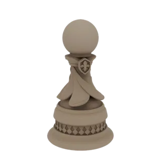 Rendu 3D d'un pion d'échecs couleur pierre avec un emblème Fleur de Lis sur son bouclier, sur fond noir.