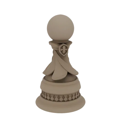 Un rendering 3D di una pedina scacchi color pietra con emblema Fleur-de-lis sullo scudo, su sfondo nero.