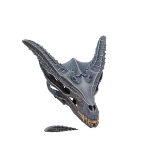 Un modelo 3D detallado de un cráneo de dragón con cuernos y dientes afilados, presentado sobre un fondo blanco.