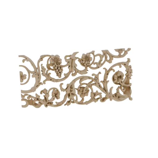 3D model of a Baroque floral scroll panel with acanthus leaves and grape clusters, rendered in a light wood texture.