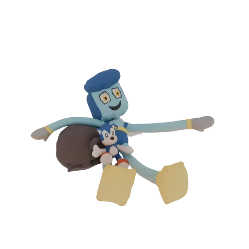 3D model of a light blue character with large yellow eyes, holding a small Sonic the Hedgehog plush toy.