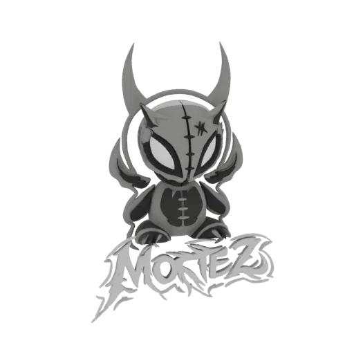 Modello 3D di un diavoletto chibi di nome Mortez, con dettagli da peluche cucito, corna e il nome 'Mortez' sotto.