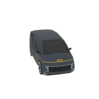 3D-Modell eines futuristischen dunkelgrauen MPV mit gelben und weißen Akzenten, von vorne im Dreiviertelblick.
